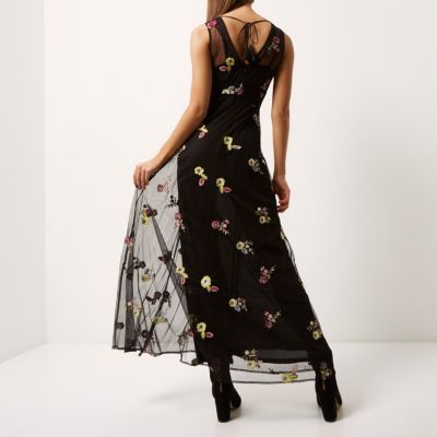 Black floral embroidered maxi dress